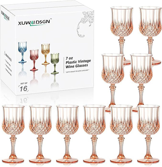 XUWAIDSGN 16 Pcs 7oz Plastic Vintage Wine Glasses Drinking Glasses Unbreakable Wedding Glassware Crystal Water Goblets Reusable Drinkware Vintage Champagne Flutes (16, Pink)