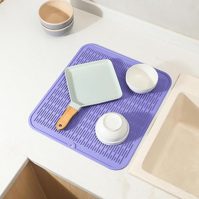 Silicone Dish Drying Mat for Multiple Usage,Easy clean,Eco-friendly,Heat-resistant Silicone Mat for Kitchen Counter or Sink,Refrigerator or Drawer Liner Light Purple 2XL 24 inches x 18 inches