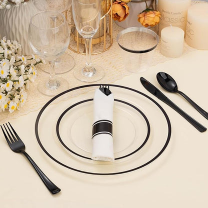BESTSTAR 350PCS Clear and Black Disposable Plates Set for 50 Guests, 100 Plastic Plates, 50 Plastic Cups, 50 Pre-Rolled Napkins with Cutlery for Party, Thanksgiving, Birthday, Halloween, Christmas
