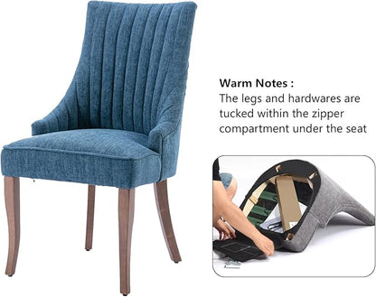 mikibama Linen Dining Chairs Set of 2 Channel Tufted Kitchen Dinner Chair Comfy Fabric Upholstered Accent Chair for Dining Room with Solid Wood Legs (Blue)