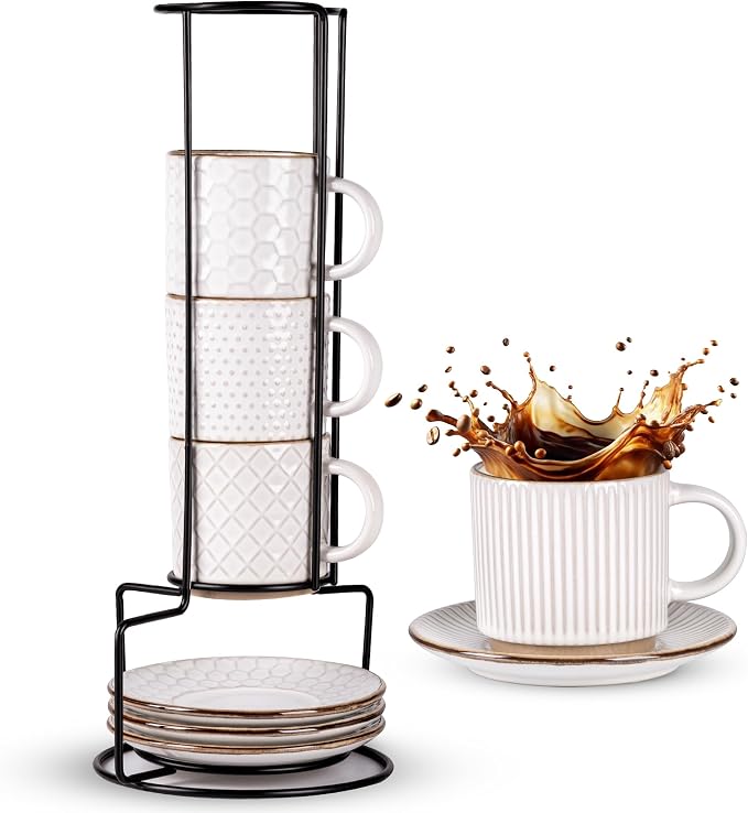 GBhome 6 OZ Stackable Coffee Mugs Set of 4, Ceramic Espresso Coffee Cups | by GBhome