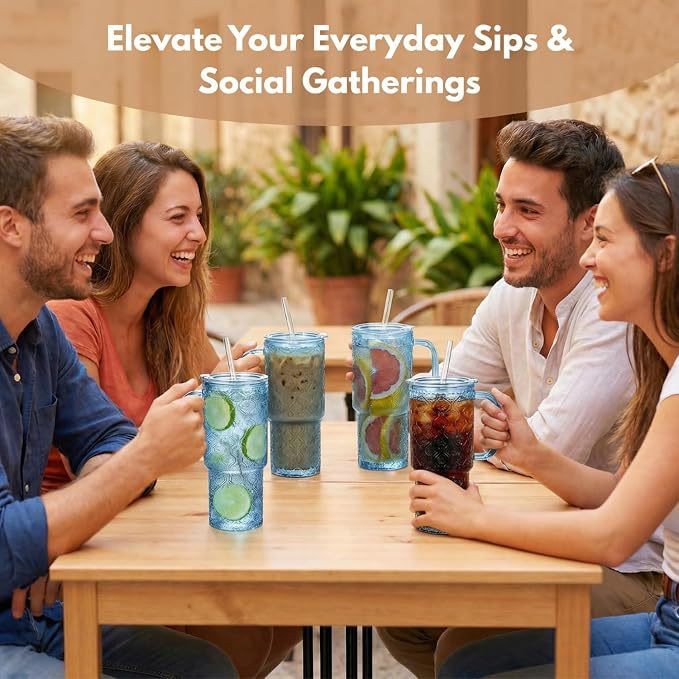 20 oz Blue Glass Tumbler with Lid and Straw, Glass Iced Coffee Cups, - Image 7