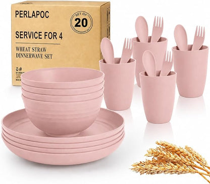 Wheat Straw Dinnerware Sets for 4, 20 Piece Unbreakable Kids Dinnerware Set by Perlapoc