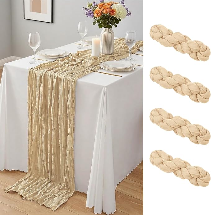 4 Pack Beige Cheesecloth Table Runner 10Ft, Gauze Table Runners 21.5 x 120 inch by Yemosa