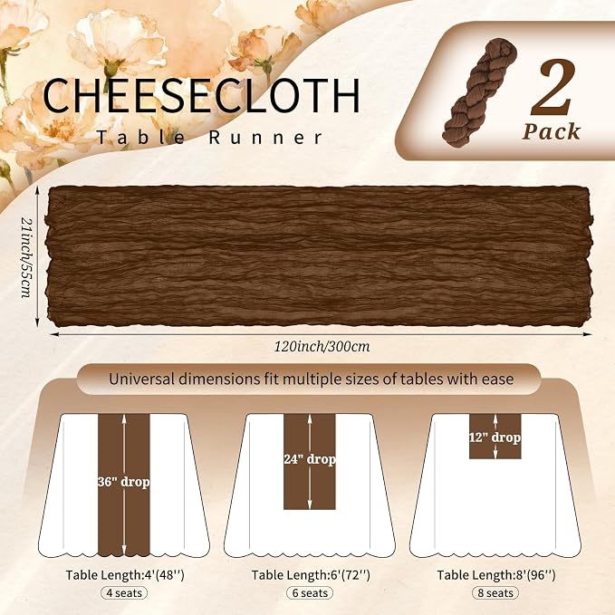 Showgeous 2 Pack Brown Cheesecloth Table Runners Boho Wedding Decor | Rustic - Image 2