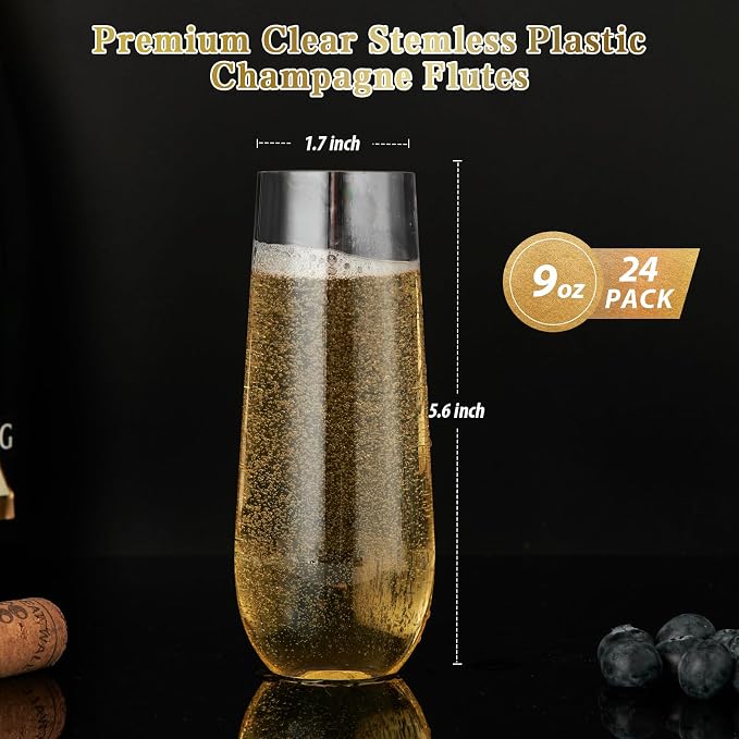 FOCUSLINE 24 Pack 9 Oz Clear Plastic Champagne Flutes, Stemless Plastic - Image 5