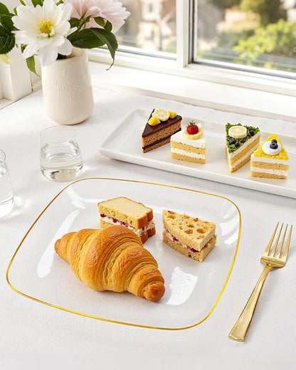 bUCLA 100PCS Clear and Gold Plastic Plates Disposable - Square Gold Heavy Duty - Include 50 Each (Dinner & Dessert) Plates for Party & Thanksgiving