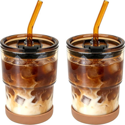 Zukro 13 oz Glass Cups with Lid and Straw 2 Pack, Non-Slip Rubber Bottom | Leak by ZukroDrinkware