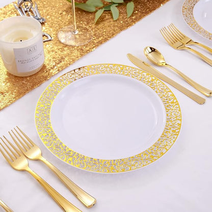 100pcs Gold and White Plates, Heavy Duty Disposable Wedding Plates | elegant - Image 5