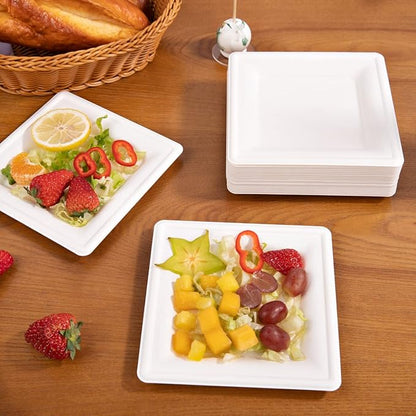 SUT 6-Inch Compostable Paper Plates, 100 PCS Square Biodegradable Bagasse Plates, Heavy-Duty Microwaveable Plates, Eco-Friendly Natural Disposable Plates, Made of Sugarcane Fibers, for Party, Picnic