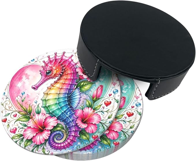 Romantic Heart Seahorse Art Leather Coasters Set of 6 - Image 3