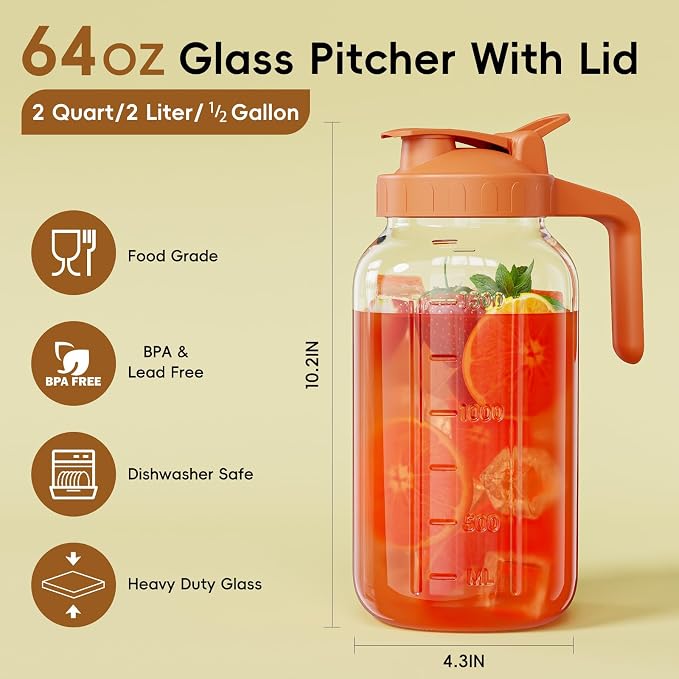 Glass Pitcher with lid, 64 oz Wide Mouth Mason Jar | Dual leak-proof lid - Image 2