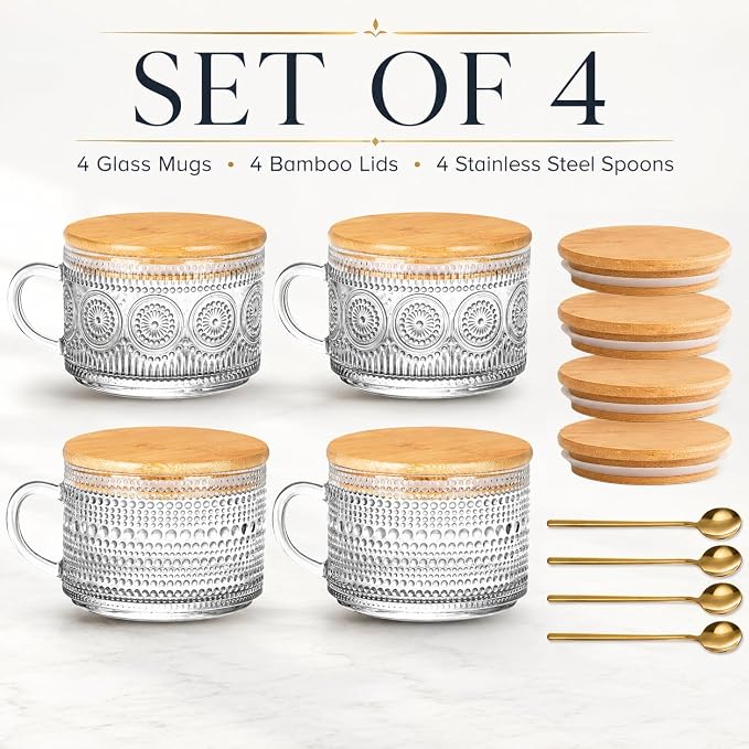 Semderm Vintage Glass Coffee Mugs Set of 4, Overnight Oats Containers - 14oz - Image 2