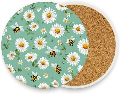 Coasters for Drinks Coaster Drink Set Decorative Coffee Table Desk Cup Mat Spring Cute Cork Bar Backing Round Home Decor Mint Green Daisy Flowers and Bees25