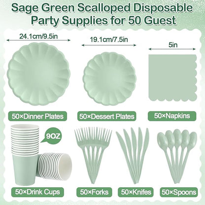 350 Pcs Light Green Scalloped Paper Plates Shell Edge Disposable Tableware Cocktail Napkins Cups Plastic Spoons Forks Knives for Wedding Baby Shower Picnic Birthday Party Supply for 50 Guests