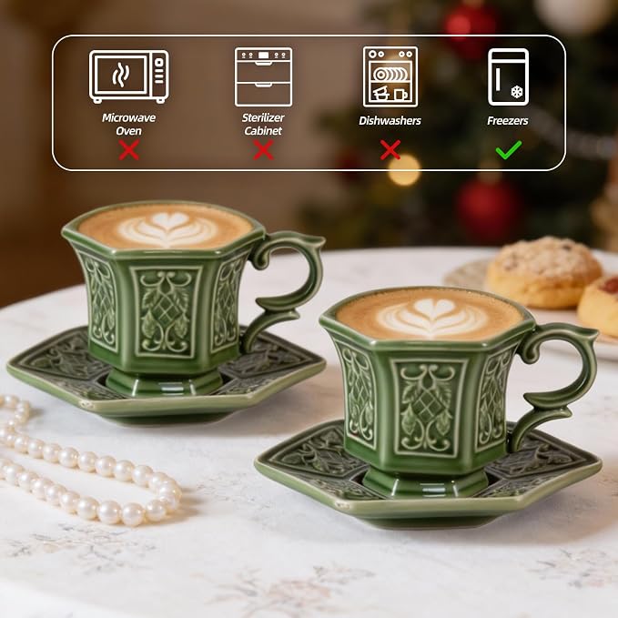 KAMMAK Tea Cups and Saucers Set of 2, 6 oz Porcelain Coffee Cups, SY004 | - Image 6