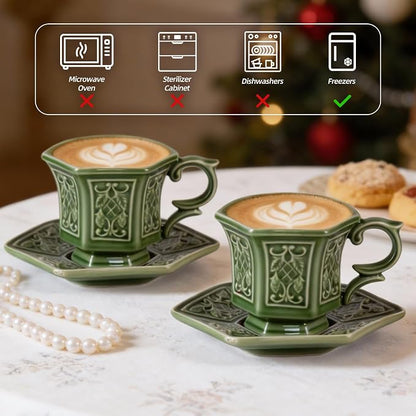 KAMMAK Tea Cups and Saucers Set of 2, 6 oz Porcelain Coffee Cups, SY004 | - Image 6