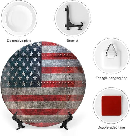 Ceramic Display Plate, American Flag Ceramic Hanging Decorative Plate, US Flag Plate, 8 Inch, Household Custom Ceramic Plate, Multicolor