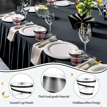 Gejoy 9 oz Rimmed Swirl Plastic Cups Disposable Wine Drinking Cups Clear Elegant Halloween Tumblers for Christmas Party Supplies(Silver, Black,100 Pcs)
