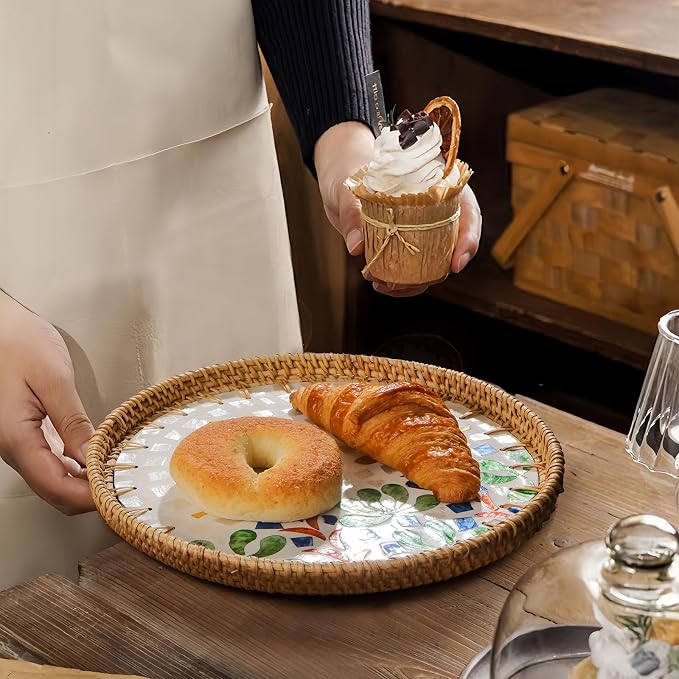 Round Rattan Tray with Mother of Pearl Inlay, Decorative Wicker Serving Tray - Image 7