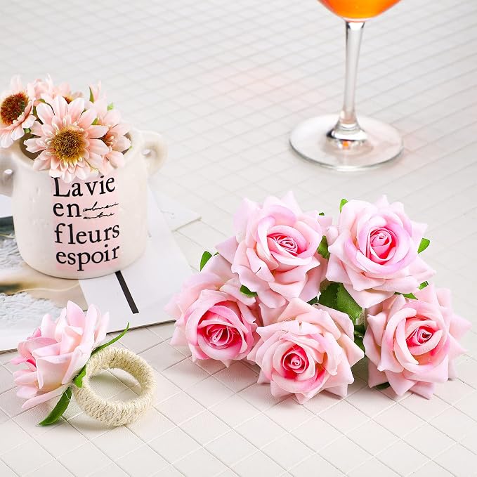 Chengu 12 Pcs Pink Floral Napkin Rings Summer Handcraft Flower Napkin Rings - Image 3