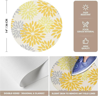 Artoid Mode Yellow Dahlia Plastic Round Placemats Set of 4, 14 Inch Seasonal Washable Woven Vinyl Table Mats for Farmhouse Party Kitchen Dining Decor