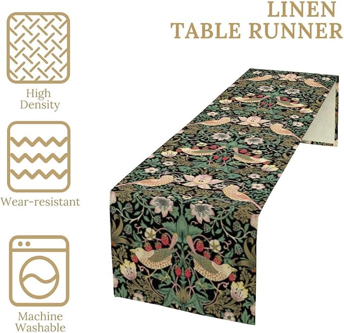 William Morris Floral Table Runner, Vintage Flowers Green Botanical Printed - Image 4