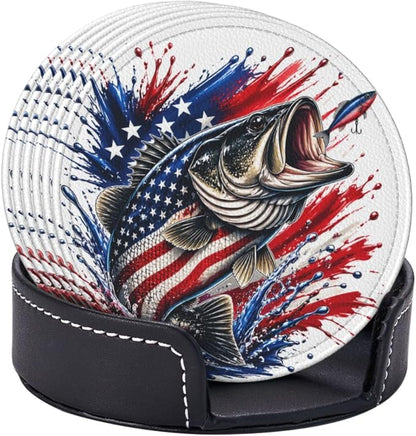 Patriotic Bass Fishing Splash Leather Coasters Set of 6 - Image 2