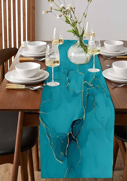 Teal Marble Table Runners 108 Inches Long, Turquoise Marble Crack Table Runner - Image 2