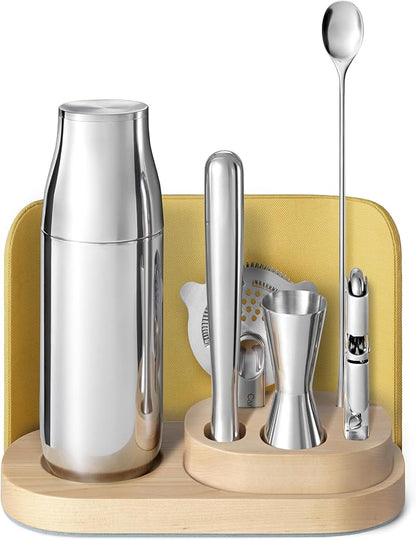 Caraway 9-Piece Complete Bar Set - Cocktail Shaker, Jigger, Muddler, Wine Key, Strainer, Bar Spoon, Storage Organizer, Magnetic Backer - Bartender Accessories - Tools for Home Bartending - Lemon Drop