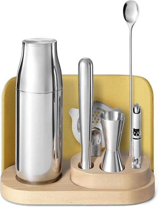 Caraway 9-Piece Complete Bar Set - Cocktail Shaker, Jigger, Muddler, Wine Key, Strainer, Bar Spoon, Storage Organizer, Magnetic Backer - Bartender Accessories - Tools for Home Bartending - Lemon Drop