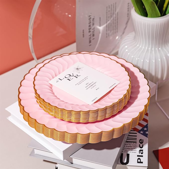 Lullaby 60PCS Pink Scalloped Plastic Plates - Image 4