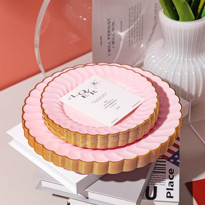Lullaby 60PCS Pink Scalloped Plastic Plates - Image 4