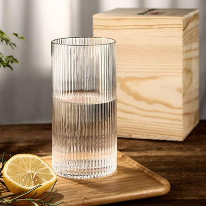 INSETLAN Glass Cups Vintage Glassware Set of 4 Large, Origami Style Transparent Cocktail Glasses Set, Bar Beverages Ice Coffee Cup Juice Ripple Drinkware, 370ml (L)