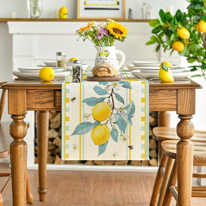 Artoid Mode Light Blue Lemon Tree Flower Bee Summer Table Runner, Seasonal - Image 2