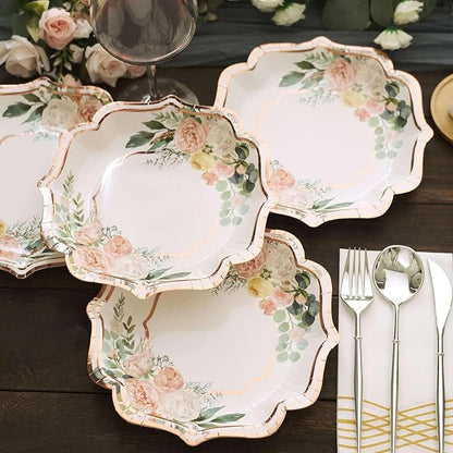 50 Pack 8" White/Rose Gold Floral Print Scallop Rim Dessert Plates, Disposable Round Paper Appetizer Salad Plates 300 GSM for Party Decoration
