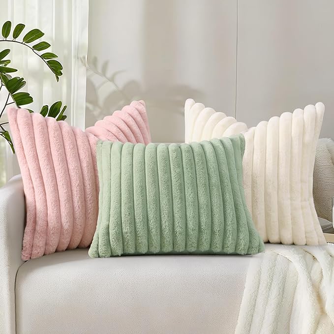decorUhome Cozy Faux Fur Throw Pillow Covers 24x24 Set of 2 Decorative Soft Plush Striped Modern Farmhouse Boho Couch Euro Sham Pillow Cases with Velvet Back for Sofa Bed Living Room, Sage Green