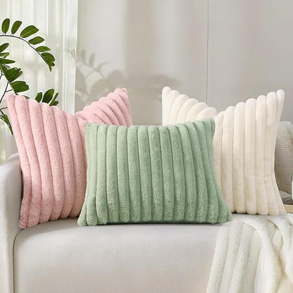 decorUhome Cozy Faux Fur Throw Pillow Covers 24x24 Set of 2 Decorative Soft Plush Striped Modern Farmhouse Boho Couch Euro Sham Pillow Cases with Velvet Back for Sofa Bed Living Room, Sage Green