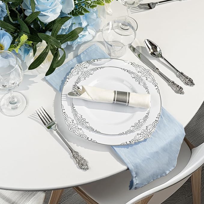 Bestluck 175PCS White Silver Disposable Dinnerware - Image 5