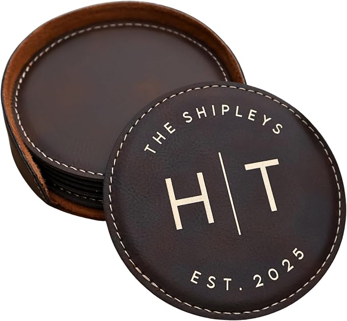 Custom Round Engraved Coasters, Personalized Leather Coaster, Laser Engraved by Obsidian+Home+Creations