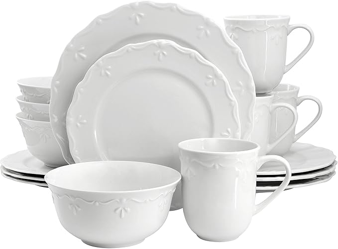 Elama Henryi 16 Piece Embossed Rim Detail Porcelain White Dinnerware Set by Elama