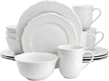 Elama Henryi 16 Piece Embossed Rim Detail Porcelain White Dinnerware Set by Elama