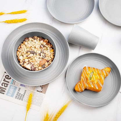 Supernal 32pcs Wheat Straw Dinnerware Sets, Plates and Bowls Sets,Reusable Plastic Plates,Grey Dish Set for 8 include 16pcs Dishes, 8pcs Bowls, 8pcs Cups,Dishwasher Safe.