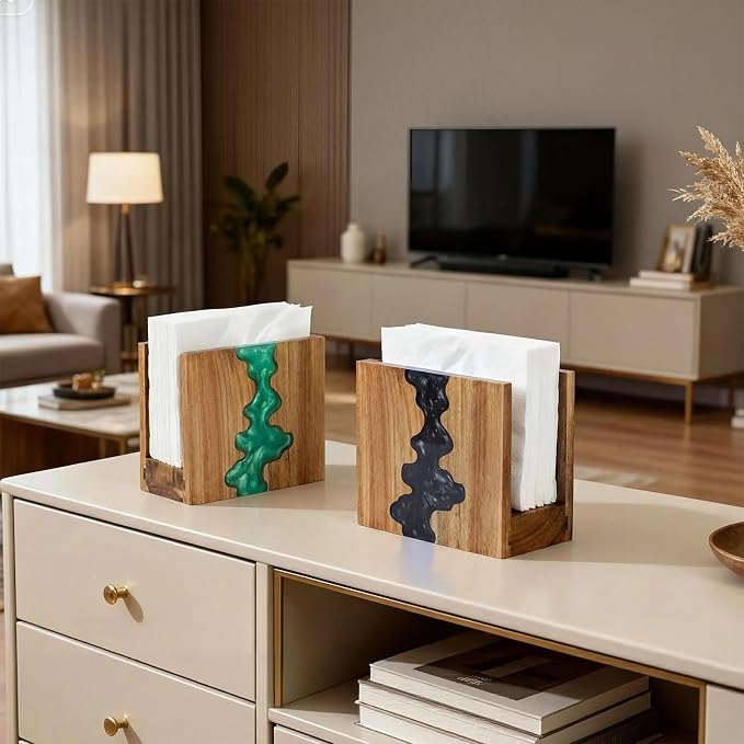 Artistic Napkin Holder, Acacia Wood and Blue Epoxy Resin - Image 5
