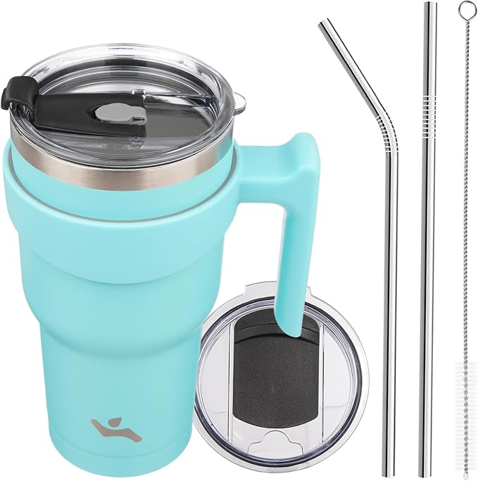 Konokyo 30 oz Tumbler with Handle and Straw, Insulated Travel Mug | Turquoise; by Konokyo