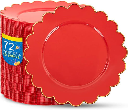 SUT 72 Pcs Red Plates Disposable, Red Plastic Plates With Gold Trim, 10.25 Inch red Dinner Plates, Fancy Plastic plates, plates Disposable Heavy Duty for Wedding, Parties