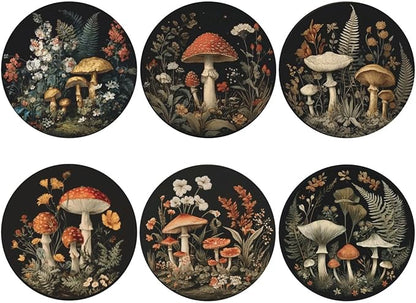 Mushroom Coasters for Drinks with Holder Round Leather Coasters Set of 6 Cups Mugs Mat Pad for Home Kitchen Bar
