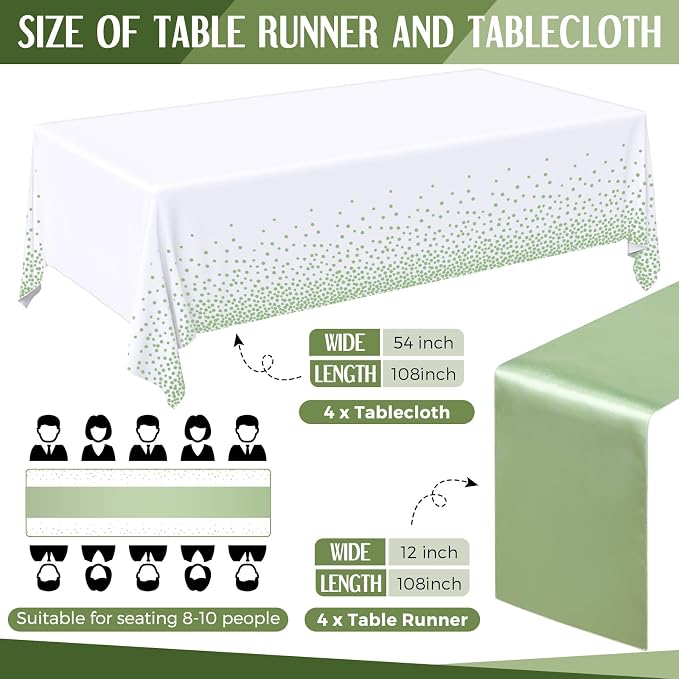 8 Pack White and Sage Green Disposable Plastic Tablecloths and Satin Table - Image 2