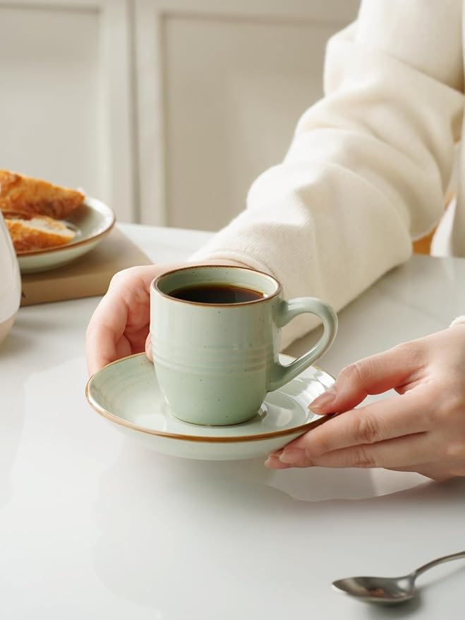 famiware 3oz Espresso Cups and Saucers, Light Green | Ceramic Small Coffee Mug - Image 3