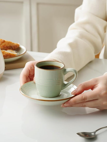 famiware 3oz Espresso Cups and Saucers, Light Green | Ceramic Small Coffee Mug - Image 3